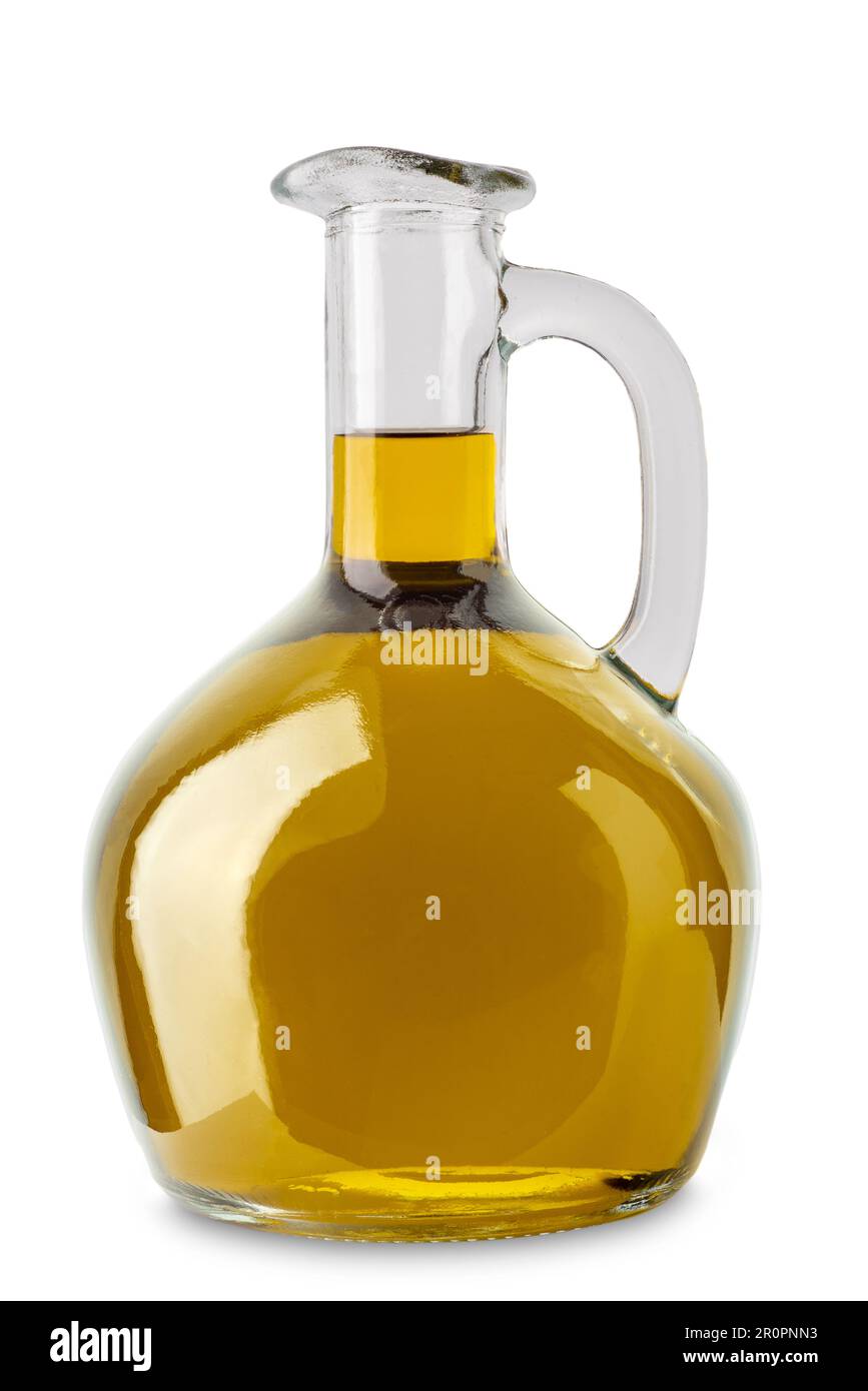 Natives Olivenöl extra in Glaskruet isoliert auf weißem Boden mit Schnittweg Stockfoto