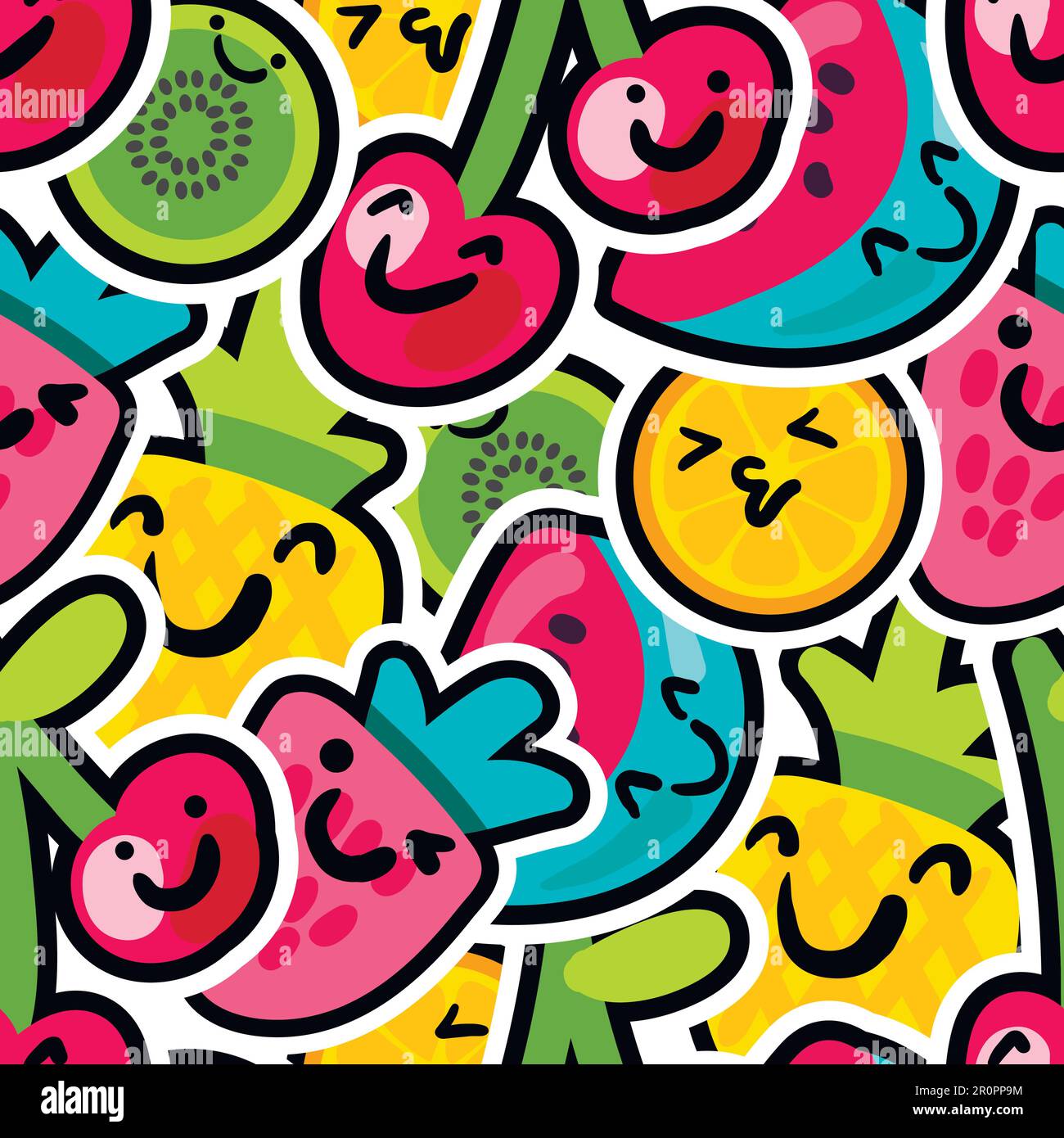Beeren und Früchte mischen sich - schöne, witzige und leuchtend bemalte Ananas, Orange, Wassermelone und Kirschen mit Kiwis mit schwarzer Umrandung. Für Kinder Stock Vektor