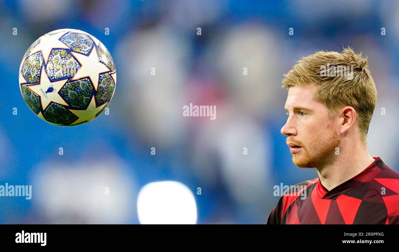 Kevin De Bruyne aus Manchester City während des Spiels La Liga zwischen Real Madrid und Manchester City im Santiago Bernabeu Stadion am 9. Mai 2023 in Madrid, Spanien. (Foto: Sergio Ruiz / PRESSINPHOTO) Stockfoto