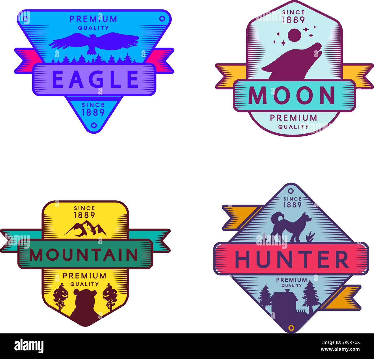 Logo von Fly Eagle and Hunter, Moon and Mountain Set. Farbenfrohes Sortiment Markenzeichen Premium-Qualität. Heulende Silhouetten von Wolf und Bär, Hund und Condor Stock Vektor