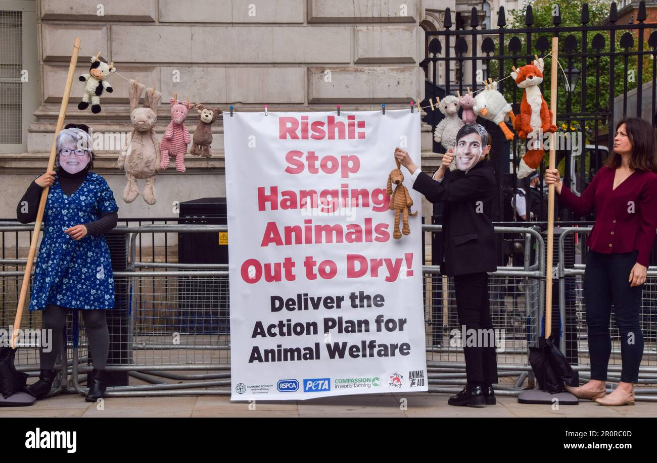 Aktivisten, die sich als Umweltministerin Therese Coffey und Premierminister Rishi Sunak verkleidet haben, hängen Spielzeugtiere an einer Wäscheleine neben einem Banner mit der Aufschrift „Rishi, hör auf, Tiere an die Wäsche zu hängen!“ auf. Während des Protests vor der Downing Street. Tierschutzaktivisten von PETA, RSPCA und verschiedenen anderen Gruppen inszenierten den Protest anlässlich des zweijährigen Bestehens des Aktionsplans der Regierung für den Tierschutz und forderten die Regierung auf, die Tierschutzstandards zu stärken und dafür zu sorgen, dass das Gesetz über den Tierschutz (gehaltene Tiere) Gesetz wird. Stockfoto