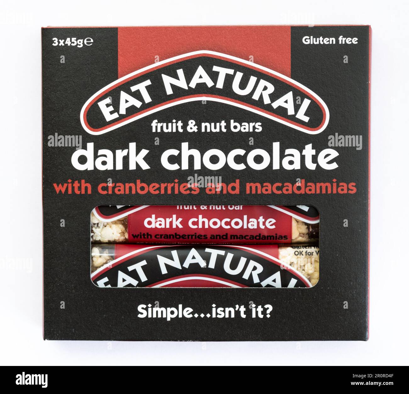 Essen Sie natürliche dunkle Schokolade mit Cranberries und Macadamia Riegeln Multipack Stockfoto