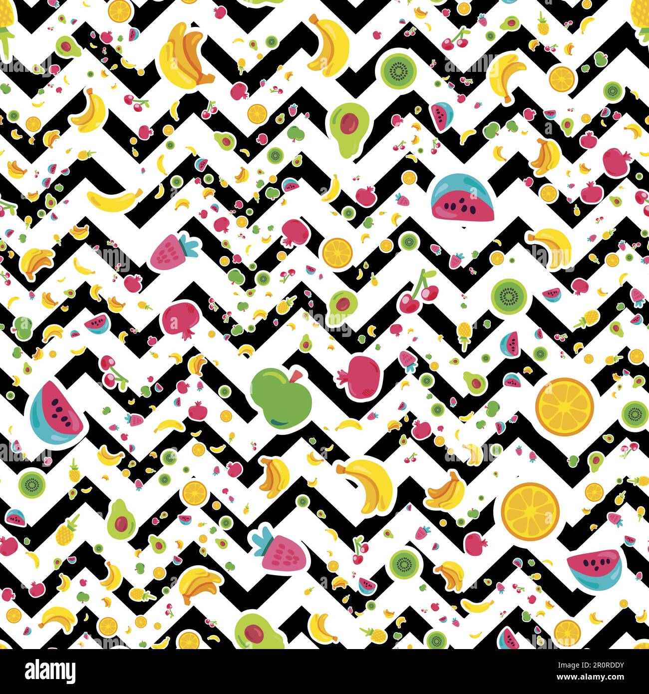 Bemalte Beeren Sommerfrüchte Mischen Nahtloses Muster. Leuchtende Ananas, Orange im Zickzack-Hintergrund. Kirschen, Kiwi und Granatäpfel mit schwarzer gepunkteter Linie. Stock Vektor