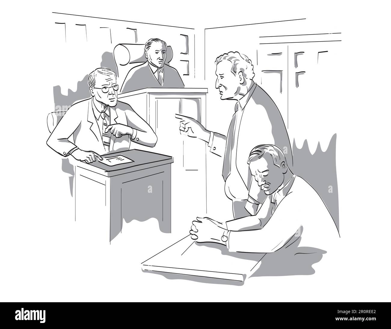 Zeichenstift- und Tintenzeichnung eines Gerichtsverfahrens mit Richter, Anwalt, Angeklagter, Kläger, Zeugen und Geschworenen in einem Gerichtsverfahren Stockfoto