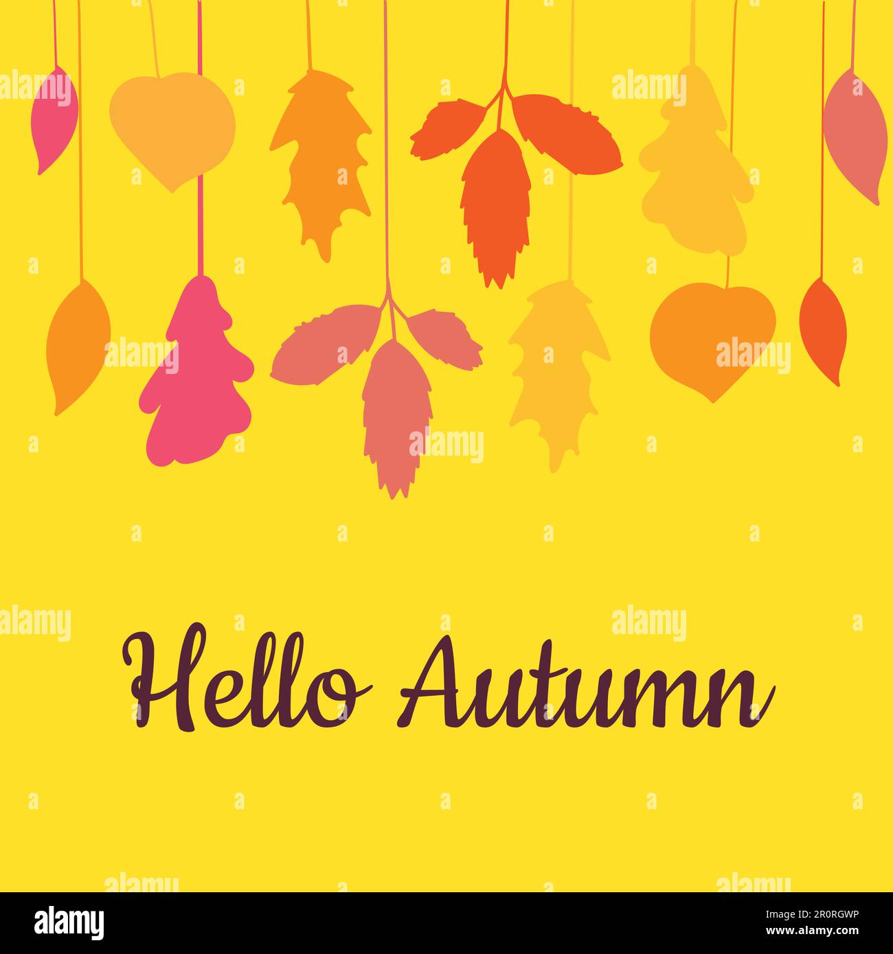 Hello Herbstdekorierte handgezeichnete Hängeblätter isoliert auf gelbem Hintergrundbanner. Kalligrafietext und Ahorn, Birke und Eichenblatt. Dekorative Meere Stock Vektor