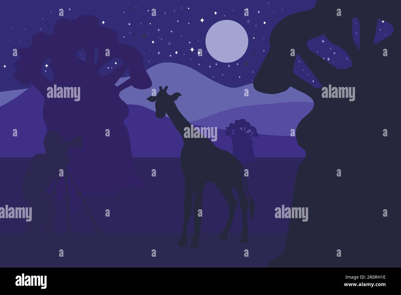 Wildtiere, Naturfotografen Vektordarstellung. Minimalistische Nacht mit Giraffen-Silhouette Stock Vektor