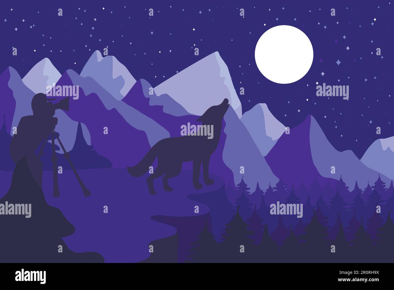 Flachvektordarstellung für Naturfotografen. Minimalistischer Hintergrund mit heulender Wolfssilhouette Stock Vektor