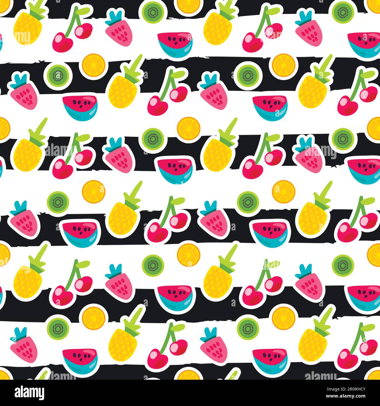 Tropische Früchte nahtloses Vektormuster. Kiwi, Wassermelone, Erdbeeraufkleber gestreifter Hintergrund Stock Vektor