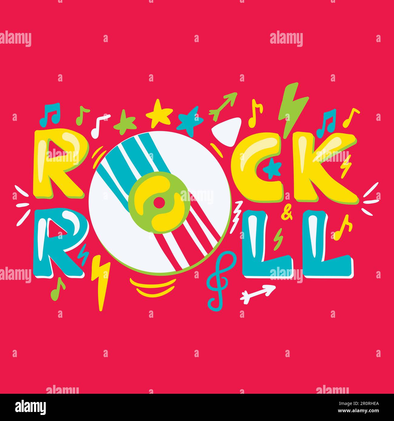 Rock-N-Roll-Cartoon-Vektorschrift. Disco, Poster mit Retro-Musik, Banner, Einladungsdesign Stock Vektor