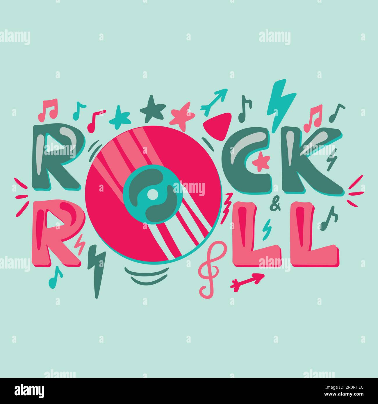 Rock N Roll von Hand gezeichnete Vektordarstellung. Disco-Schriftzug. Poster für ein Konzert im Retro-Stil, Banneridee Stock Vektor