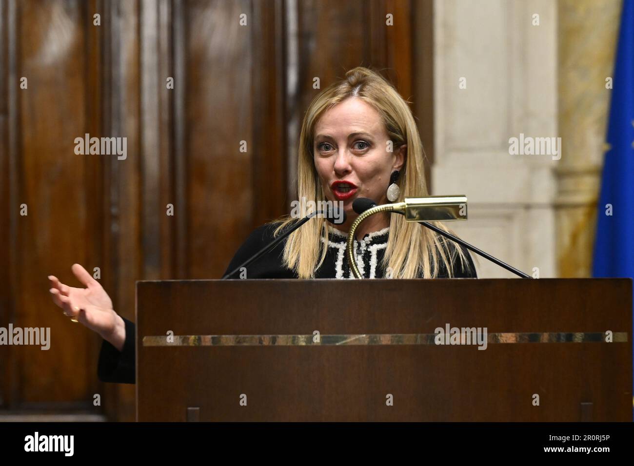 Rom, Italien. 09. Mai 2023. Giorgia Meloni während der Treffen mit der Opposition über institutionelle Reformen, 9. Mai 2023, Abgeordnetenkammer, in der Präsidentenbibliothek, Rom, Italien. Kredit: Live Media Publishing Group/Alamy Live News Stockfoto