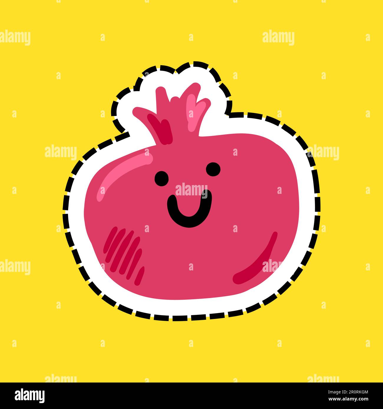 Fröhliche Granatapfel-Cartoon-Vektordarstellung. Isolierte Fruchtfigur, Strichpunkt-Aufkleber, Pflaster Stock Vektor