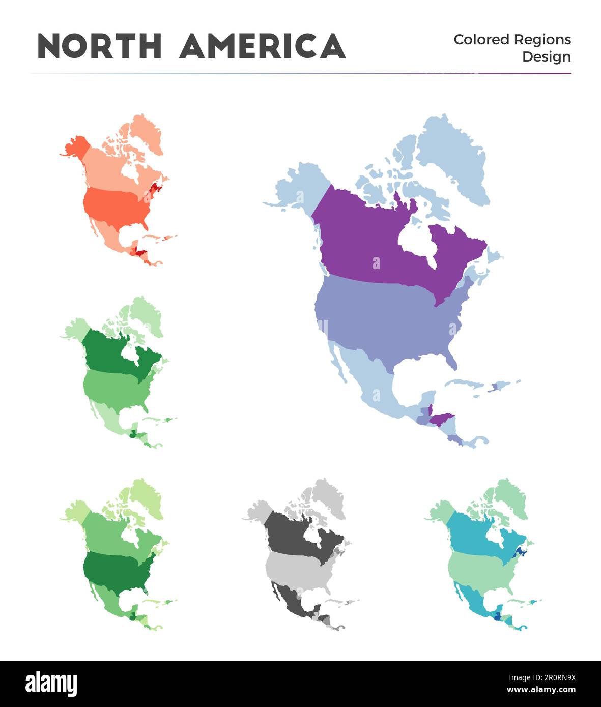 Kartensammlung Nordamerika. Borders of North America für Ihre Infografik. Farbige Kontinentalregionen. Vektordarstellung. Stock Vektor