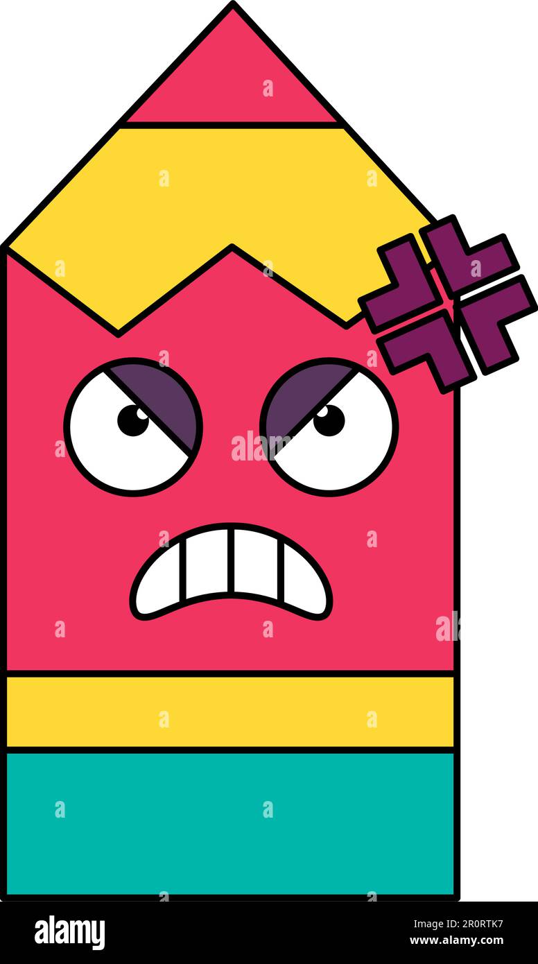 Mad-Bleistiftaufkleber. Wütende, schlechte Laune Emoticon. Social-Media-Cartoon-Emoji Stock Vektor