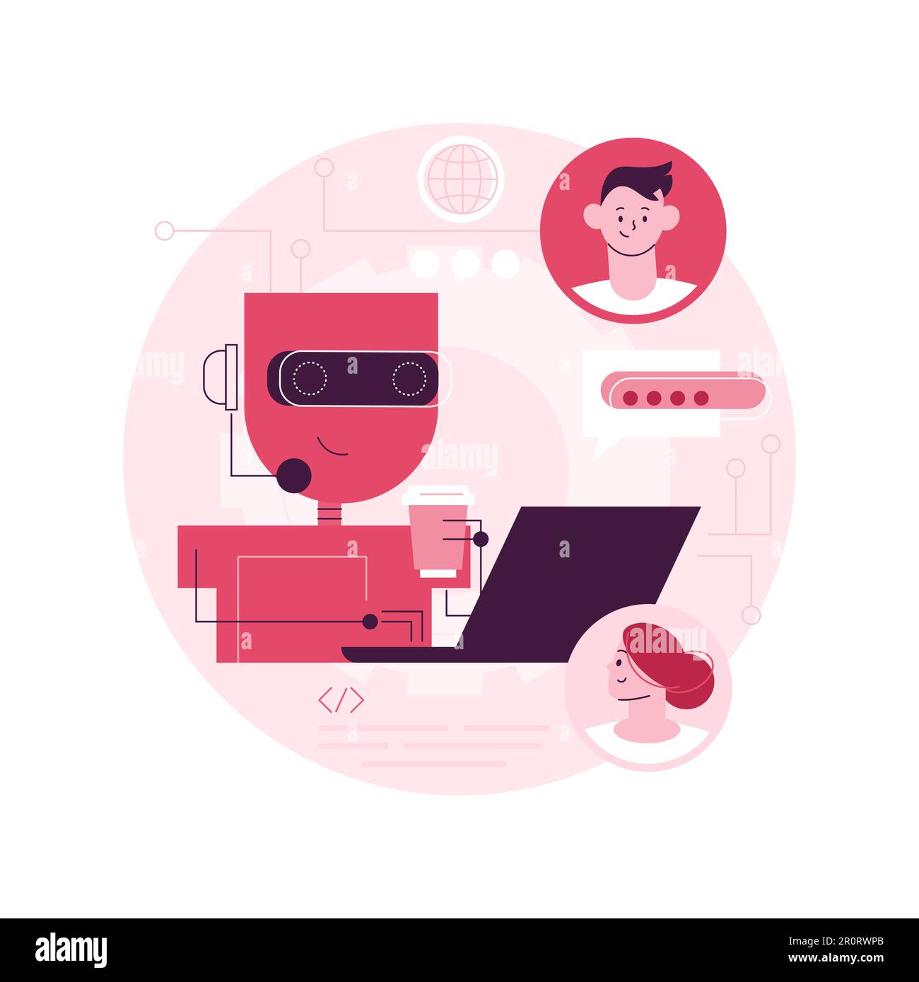 Chatbot Customer Service abstrakte Konzept Vektor Illustration. Customer Service bot, KI im Einzelhandel, E-Commerce Chatbot, Self-Service Experience, Online-Client-Support, Abstrakte Metapher für Web-Chat. Stock Vektor