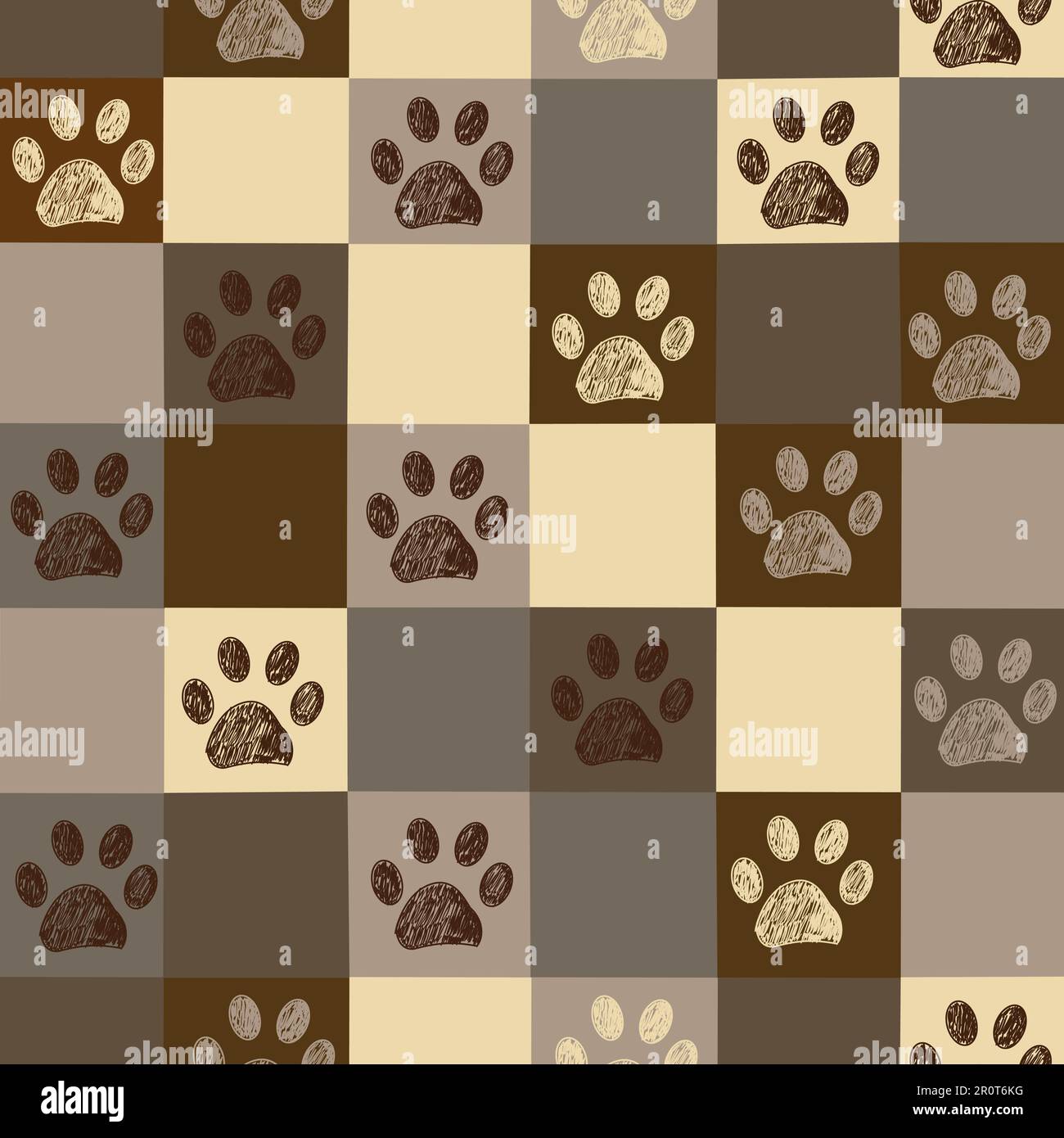 Brauner Pfotendruck mit Karomuster. Nahtloses Materialmuster Stock Vektor