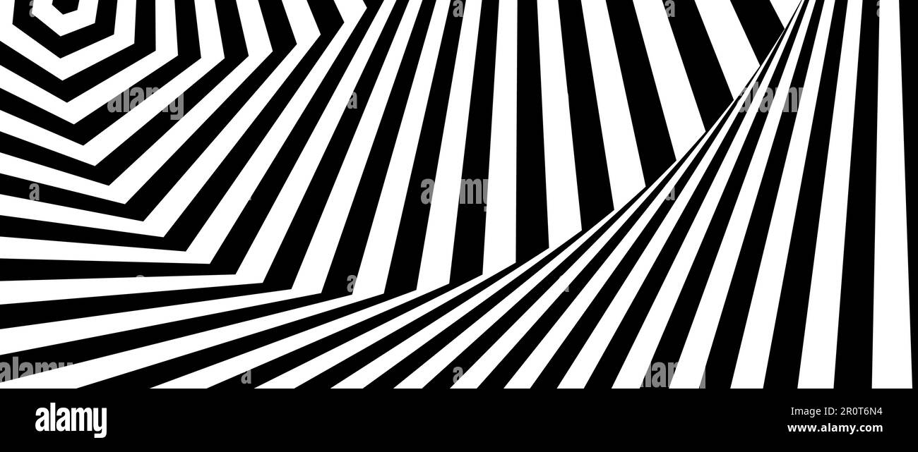Optischer Täuschungshintergrund. Abstrakte geometrische Spiralfläche in Schwarz und Weiß. Posterdesign. Torsions-Illusions-Tapete. Vektordarstellung Stock Vektor