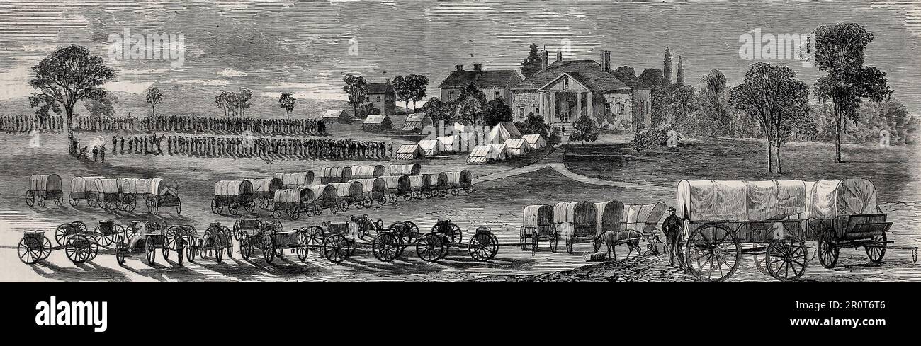 The Shenandoah Valley – Wagen und Kanonen, die während des Amerikanischen Bürgerkriegs 1864 in Middletown, Virginia, gefangen genommen wurden Stockfoto