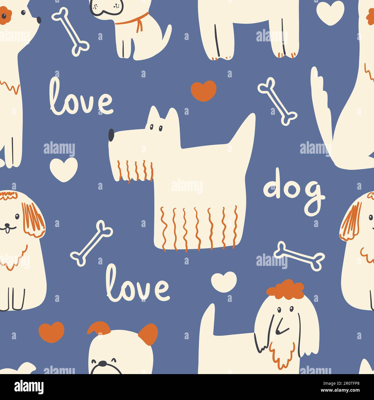 Hunde nahtloses Muster. Niedliche Tiere im einfachen, naiven, handgezeichneten, trendigen skandinavischen Cartoon-Stil. Stock Vektor