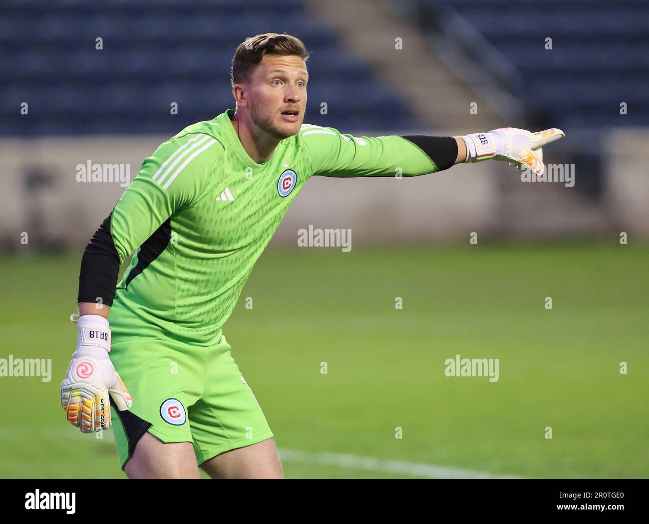 Chicago, USA, 09. Mai 2023. Der Torwart des MLS Chicago Fire FC Spencer Richey leitet den Verkehr gegen St. Louis CITY SC während einer Lamar Hunt U.S. Open-Cup-Runde des 32-Spiels im SeatGeek Stadium in Bridgeview, IL, USA. Kredit: Tony Gadomski / All Sport Imaging / Alamy Live News Stockfoto