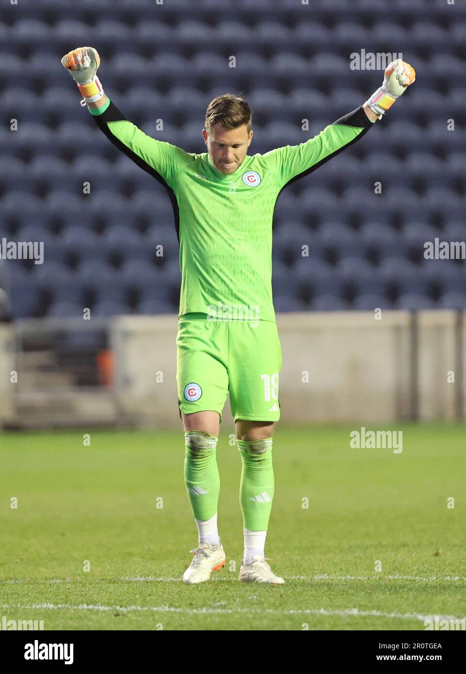 Chicago, USA, 09. Mai 2023. Der Torwart des MLS Chicago Fire FC Spencer Richey reagiert auf den Sieg von 2-1 gegen St. Louis CITY SC in einer Lamar Hunt USA Open-Cup-Runde des 32-Spiels im SeatGeek Stadium in Bridgeview, IL, USA. Kredit: Tony Gadomski / All Sport Imaging / Alamy Live News Stockfoto