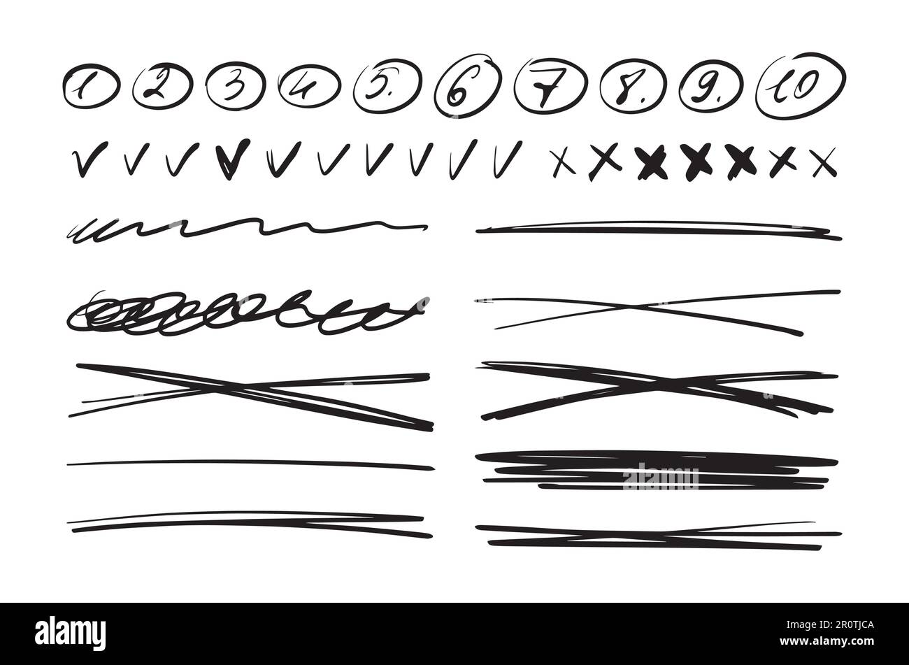 Set aus unterstrichenen Linien, Kritzeleien mit Stift, Marker, Zahlen von 1 bis 10, Kreuz- und Häkchen, handschriftlichem Text. Vektordarstellung Stock Vektor
