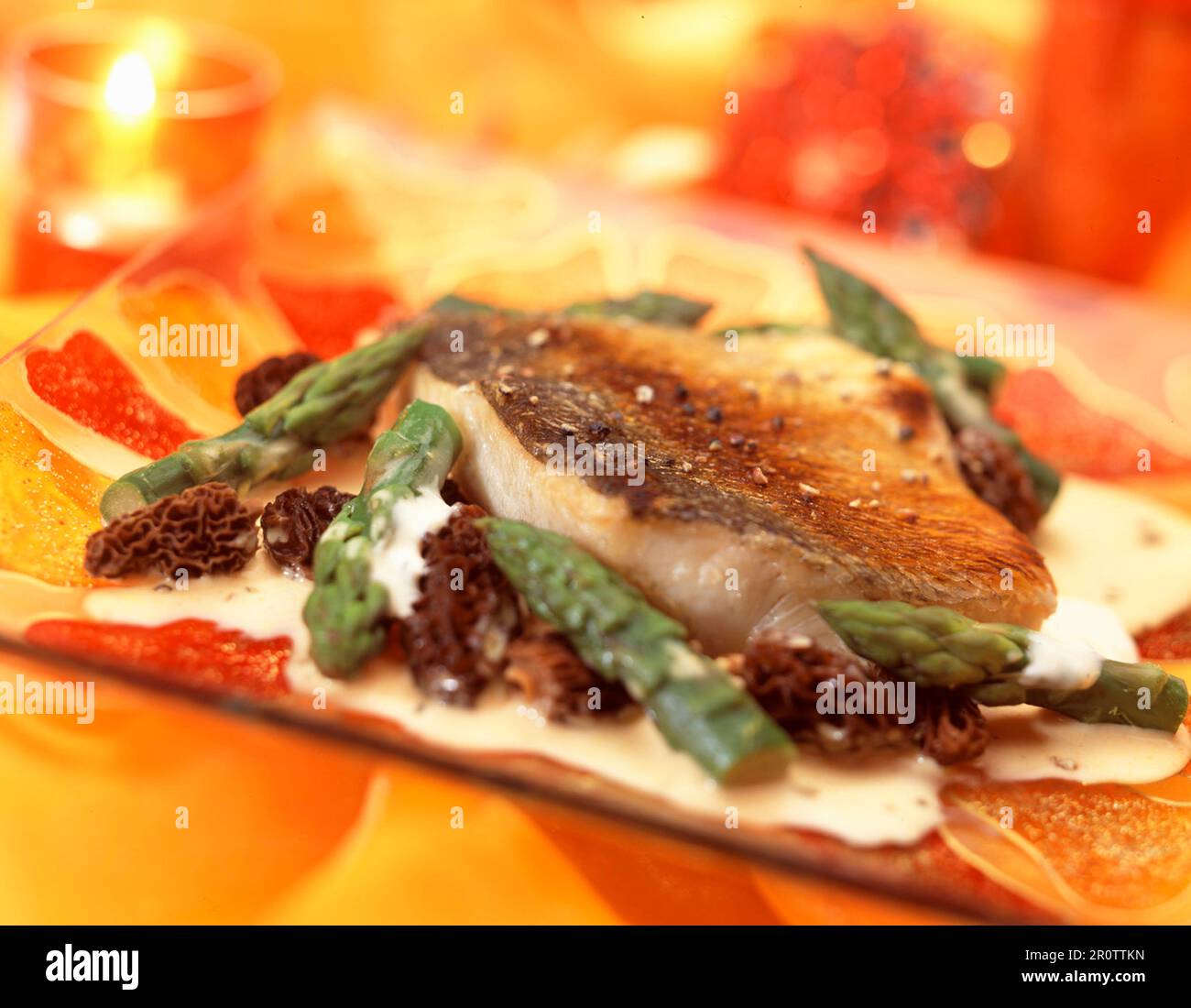 Gegrillter Steinbutt mit Morcheln und grünem Spargel Stockfoto