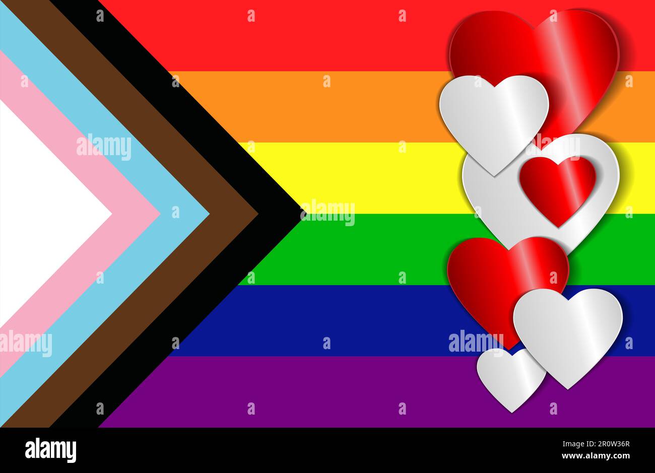 Hintergrundkonzept, das Stolz, Gleichheit, Freiheit und Toleranz symbolisiert. Weiße und rote Herzen auf LGBTQ+-Hintergrund. Stockfoto