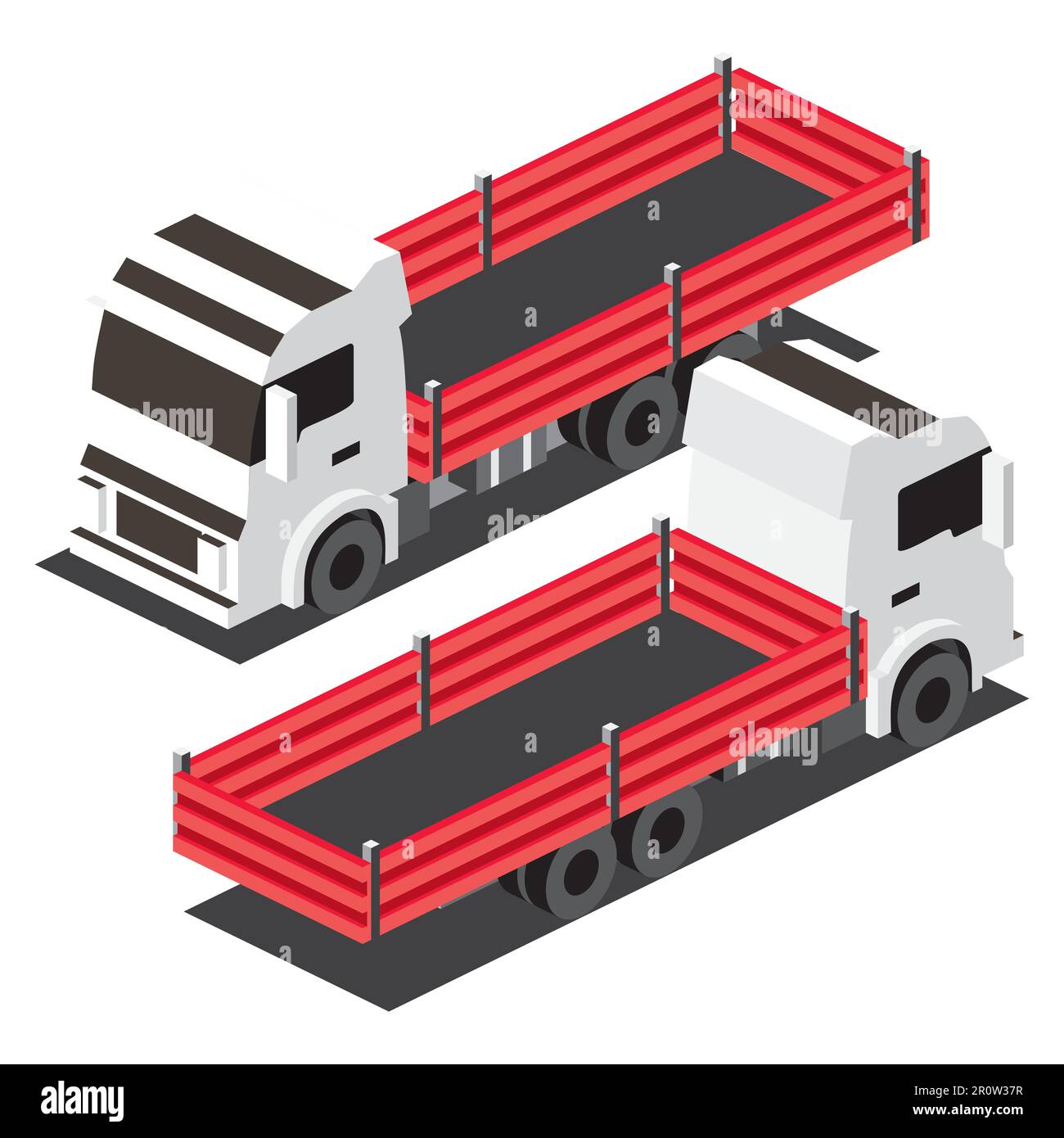 Isometrischer Roter Flachbett-Laster. Gewerblicher Transport. Logistik. City-Objekt für Infografiken. Vektordarstellung. Auto für Güterbeförderung. Stock Vektor