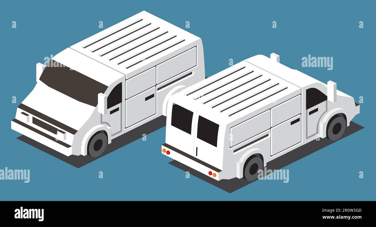 Isometrisches Nutzfahrzeug. Weißer Van auf blauem Hintergrund. Vorder- und Rückansicht. Vektordarstellung. Stock Vektor