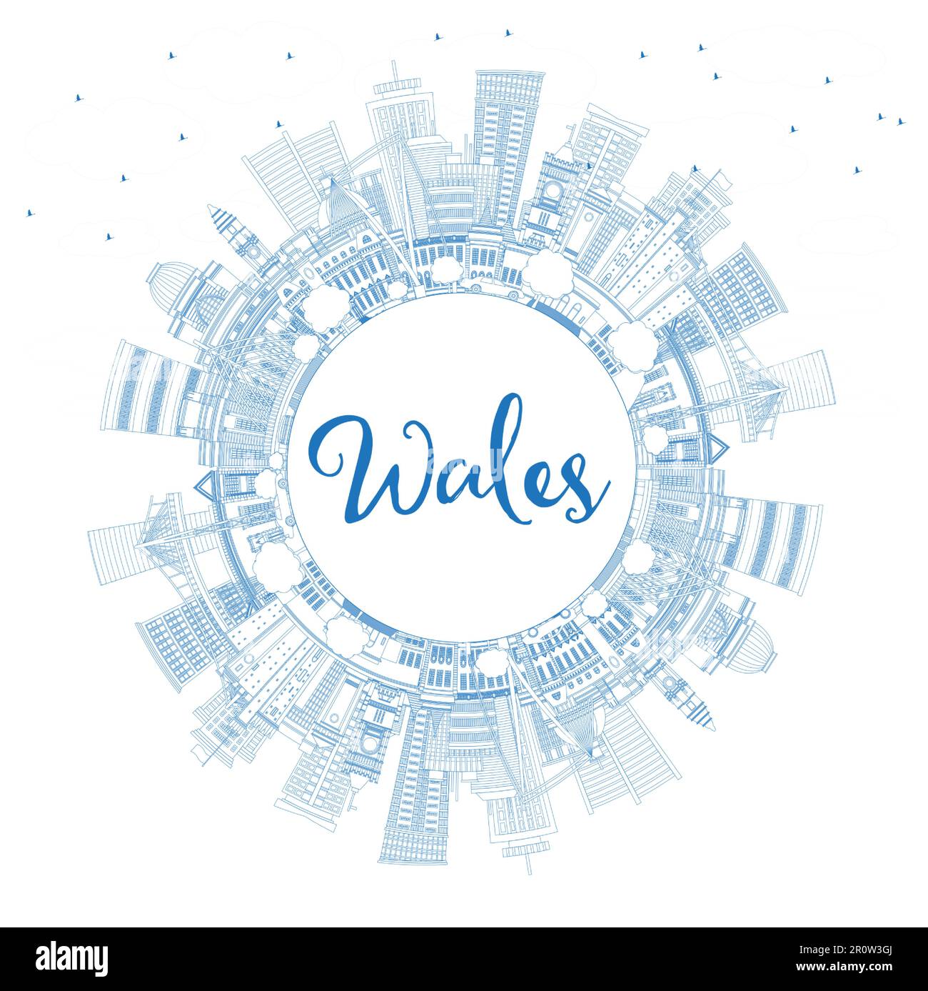 Umreißen Sie die Skyline von Wales mit blauen Gebäuden und Copy Space. Vektordarstellung. Konzept mit historischer Architektur. Stadtbild von Wales mit Wahrzeichen Stock Vektor