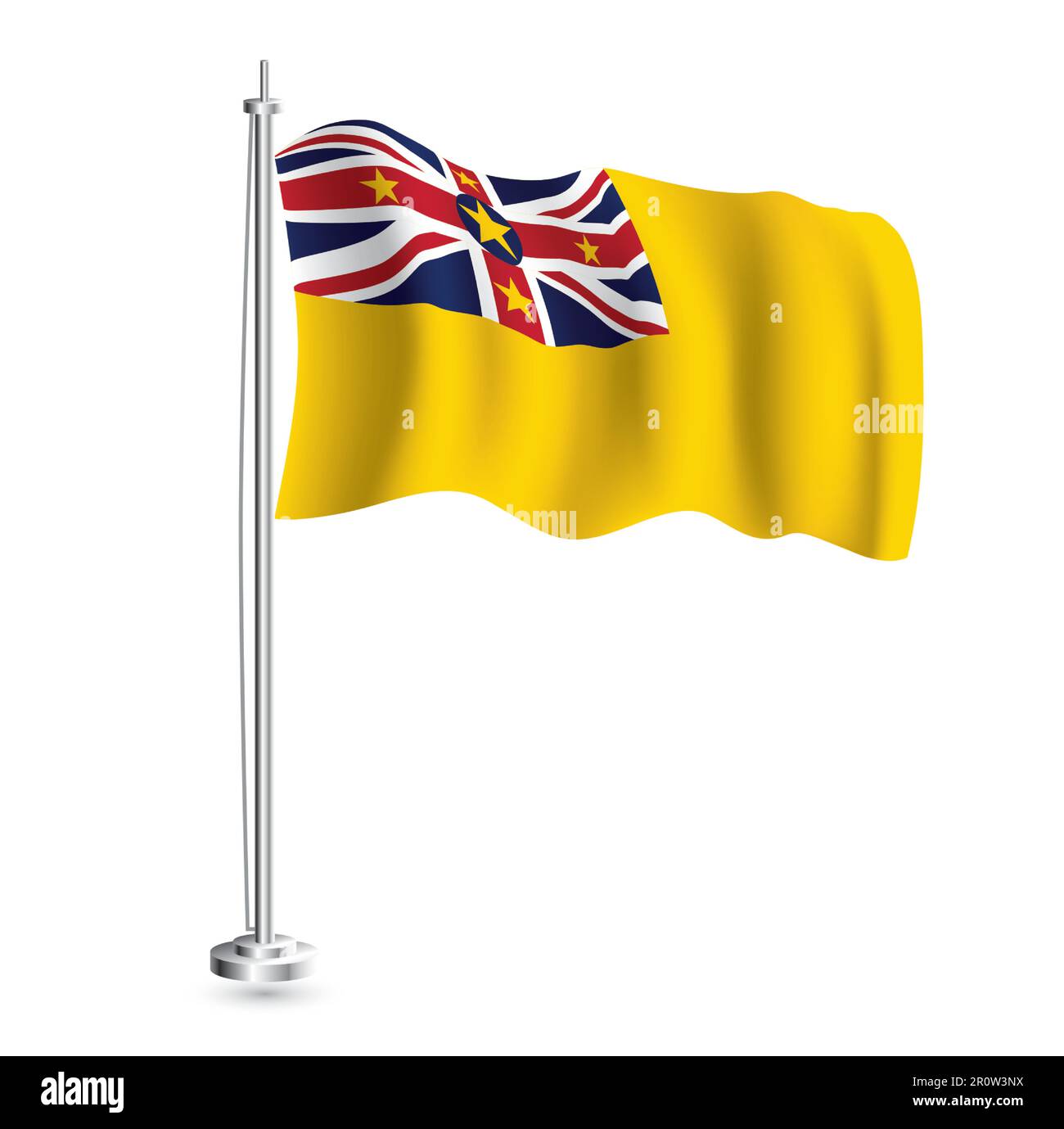 Niue Flag. Die isolierte realistische Wellenflagge des Niue Country auf dem Flaggenmast. Vektordarstellung. Stock Vektor