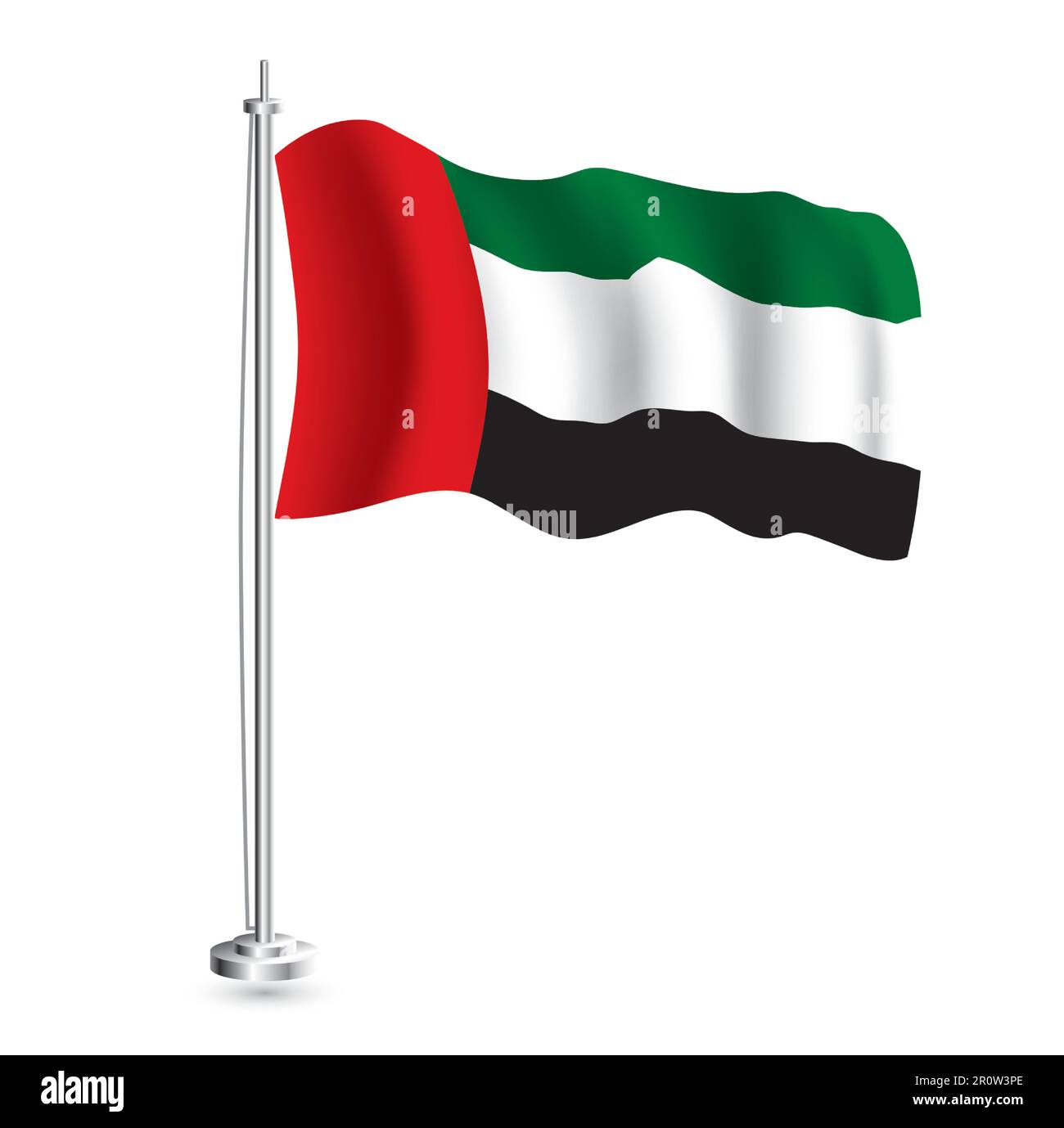 Kennzeichen VAE. Isolierte realistische Wellenflagge des Landes der Vereinigten Arabischen Emirate am Flaggenmast. Vektordarstellung. Stock Vektor