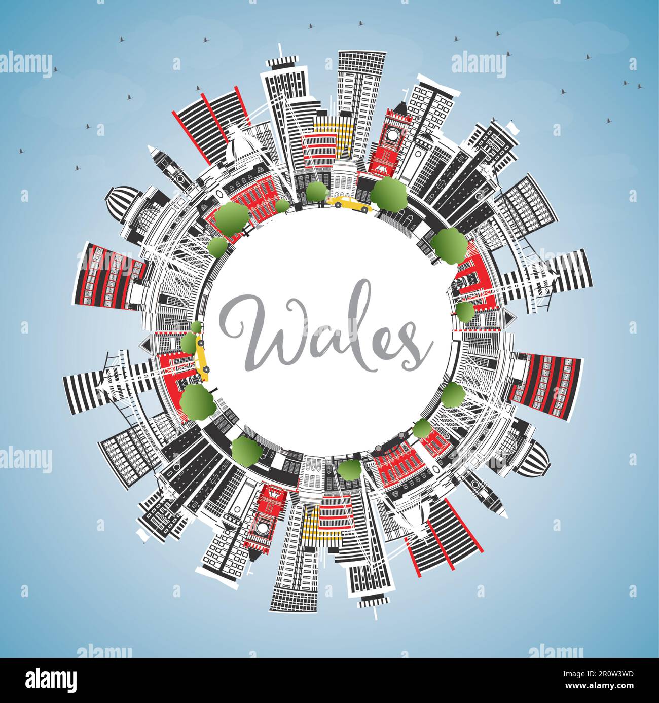 Skyline von Wales City mit grauen Gebäuden, blauem Himmel und Kopierraum. Vektorgrafik. Konzept mit historischer Architektur. Stadtbild Von Wales. Stock Vektor