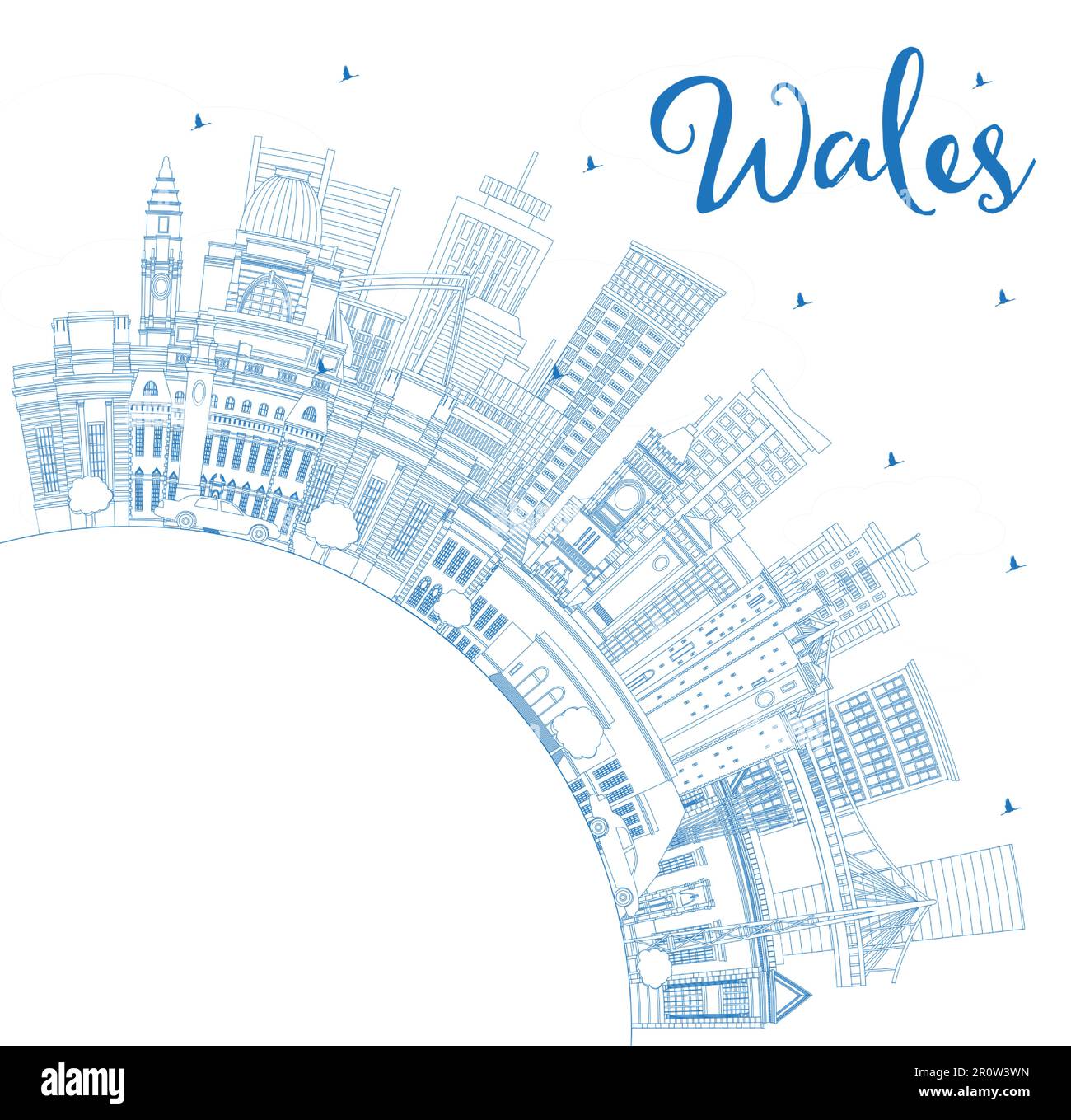 Umreißen Sie die Skyline von Wales mit blauen Gebäuden und Copy Space. Vektordarstellung. Konzept mit historischer Architektur. Stadtbild von Wales mit Wahrzeichen Stock Vektor