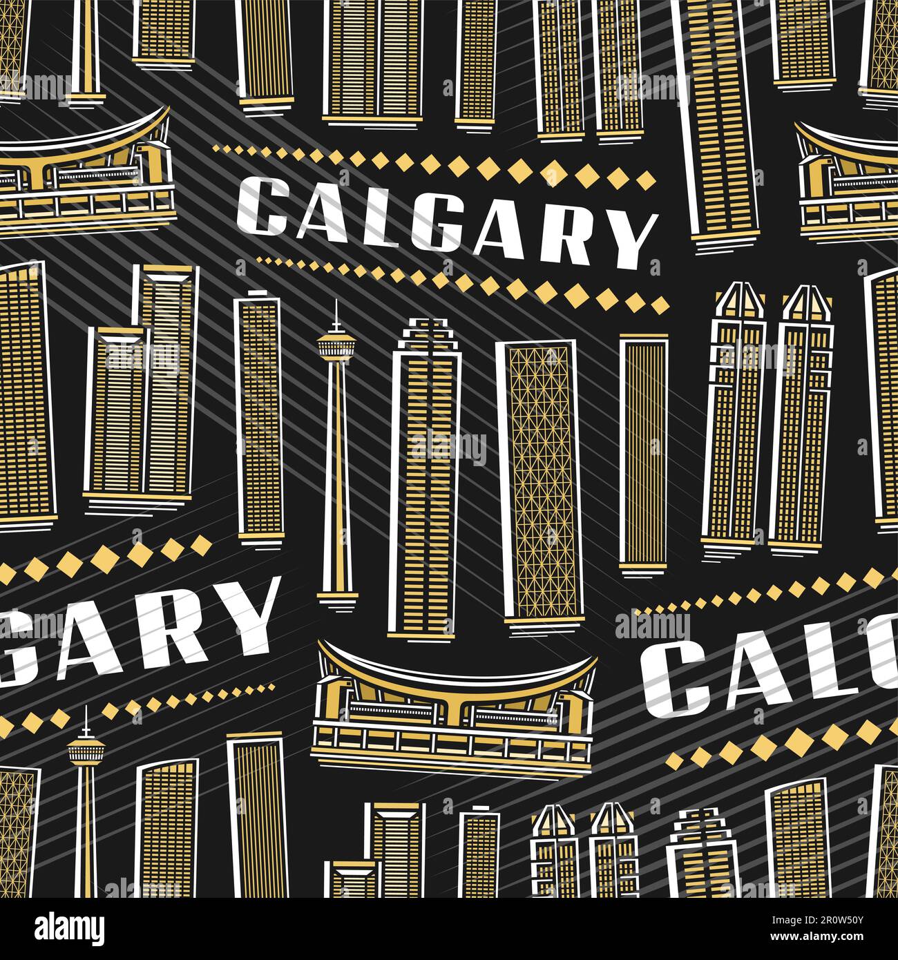 Vector Calgary Nahtloses Muster, quadratischer Wiederholhintergrund mit Illustration der berühmten calgary Stadtlandschaft auf dunklem Hintergrund für Geschenkpapier, Dekor Stock Vektor