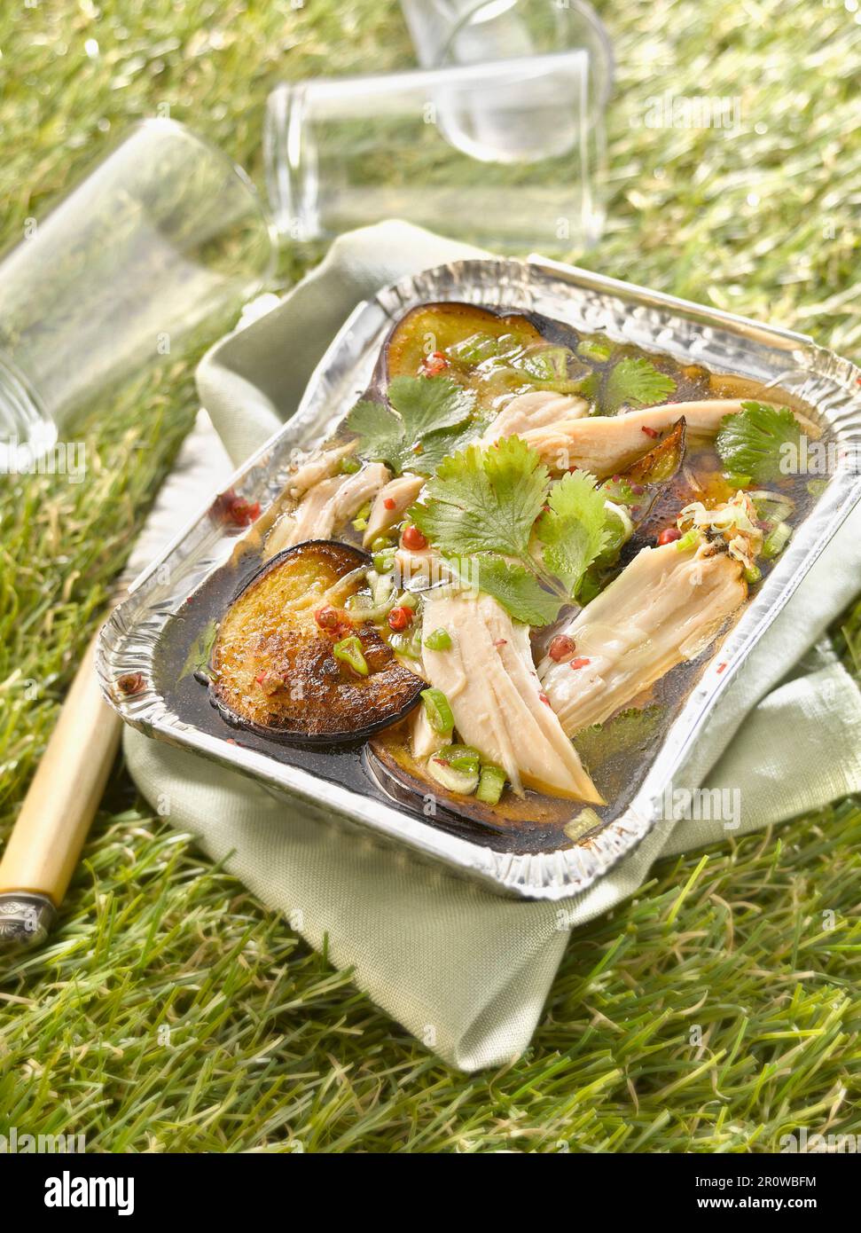 Hühnchen und gegrillte Auberginen-Aspic-Terrine Stockfoto