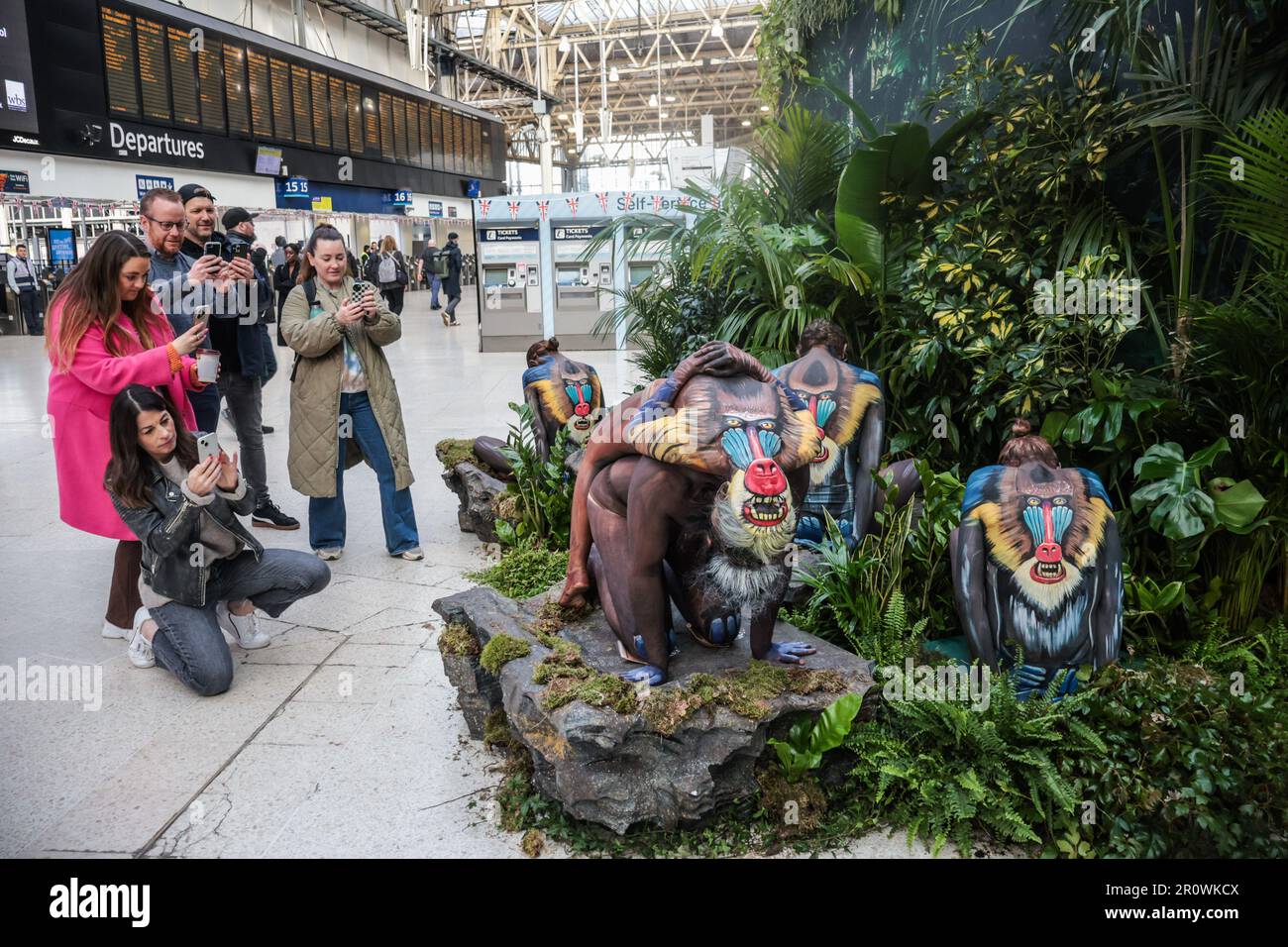 London, Großbritannien. 10. Mai 2023. Conmuters waren begeistert, als sie auf dem Weg zur Arbeit Fotos von Johannes Stotter in London Waterloo und seiner lebendigen Billboard-Illusion machten, um im Chessington World of Adventures Resort für die kommende „World of Jumanji“ zu werben. Kredit: Paul Quezada-Neiman/Alamy Live News Stockfoto