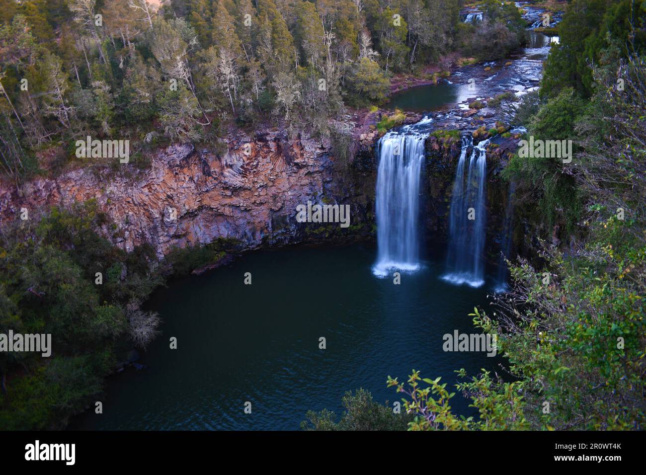 Scharfe Klippen an den Dangar Falls im Dorrigo-Nationalpark vom erhöhten Aussichtspunkt bis hinunter zum Lavafelsen-Plateau und dem erodierten Süßwasseranzug. Stockfoto