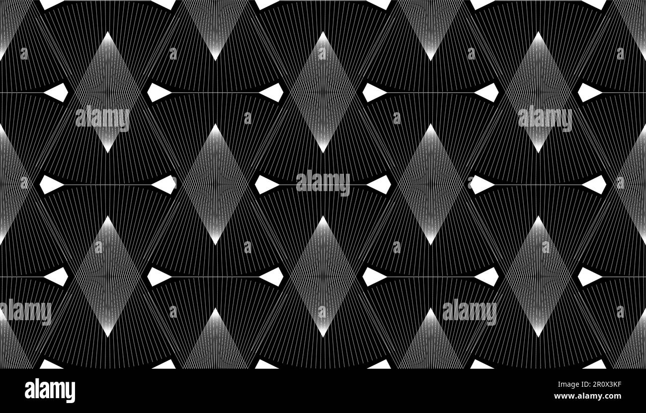 Nahtlose, abstrakte, überlappende Linien bedruckte Stoffstruktur. Geometrische Muster weißer Linien auf schwarzem Hintergrund Stock Vektor