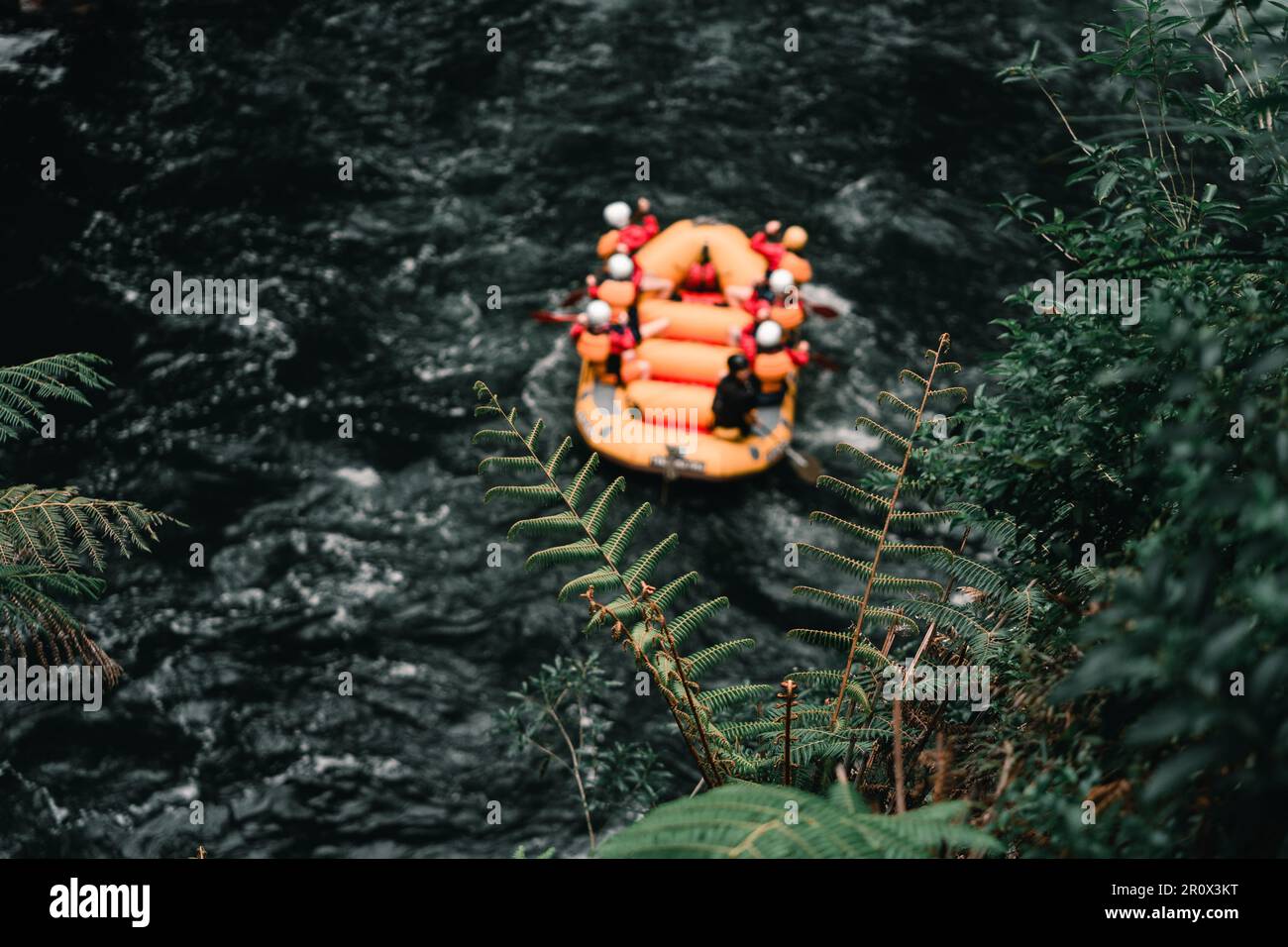 Großes aufblasbares Boot mit sieben Personen an Bord, die auf dem gewaltigen Fluss rudern, mit viel Strömung in der Vegetation in Okere, neuseeland - Natur Stockfoto