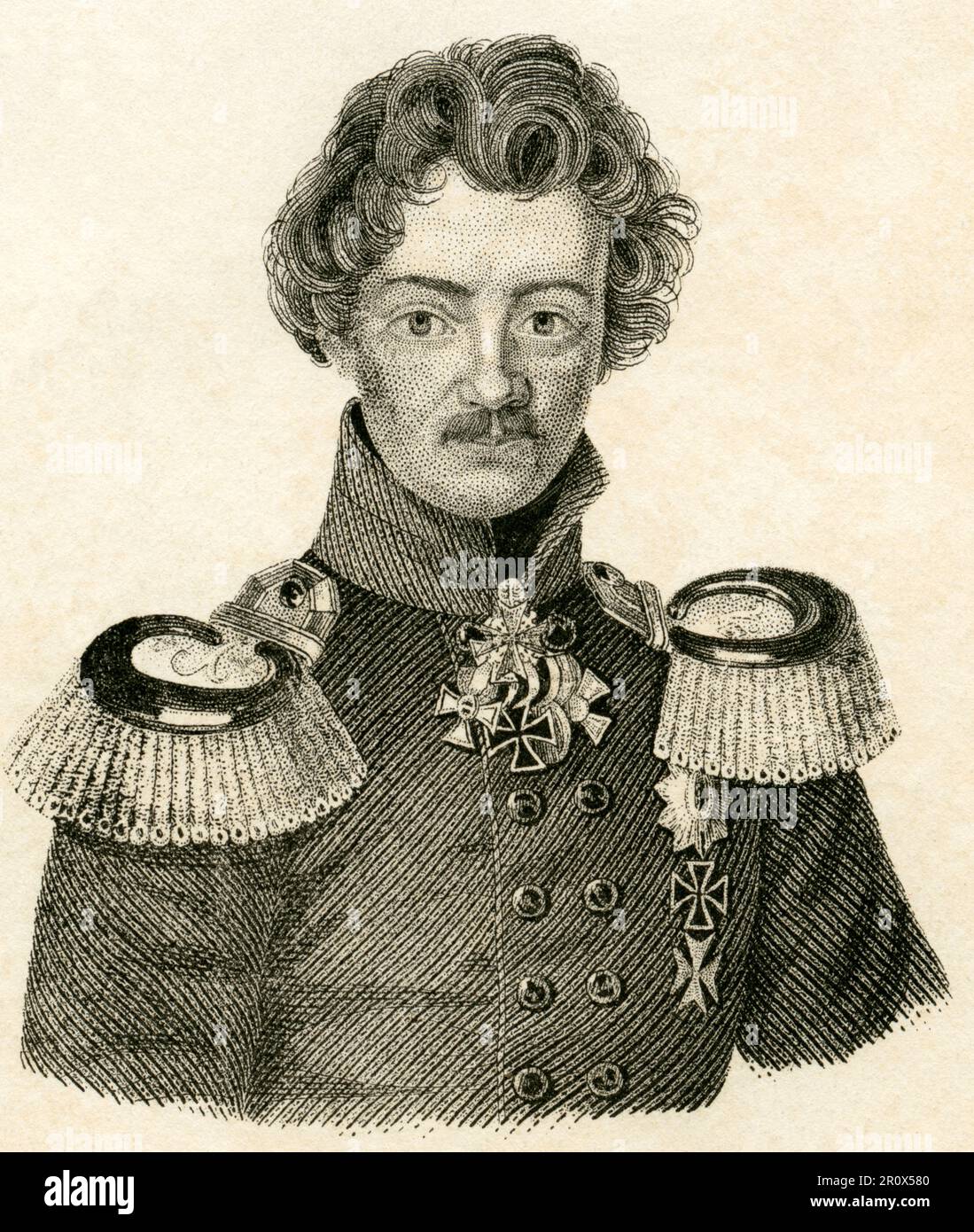 Europa, Deutschland, Mecklenburg-Vorpommern, Neustrelitz, Karl ( Friedrich August ) Herzog von Mecklenburg-Strelitz , Carl Herzog von Mecklenburg-Strelitz , Bruder von Königin Louise von Preußen , Stahlstich, um 1840. / Europa, Deutschland, Mecklenburg-Vorpommern, Herzog Karl von Mecklenburg-Strelitz, preußischer Soldat, Bruder von Königin Luise von Preußen, Stahlgravierung, um 1840. Stockfoto