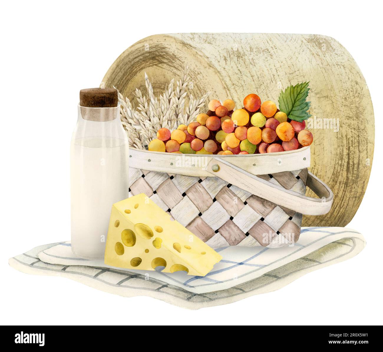 Aquarell Shavuot Picknick mit Korb aus Korb. Milch, Weizen, Trauben, Käse, Decke, Gerolltes Heu. Illustration eines Milchbetriebs Stockfoto