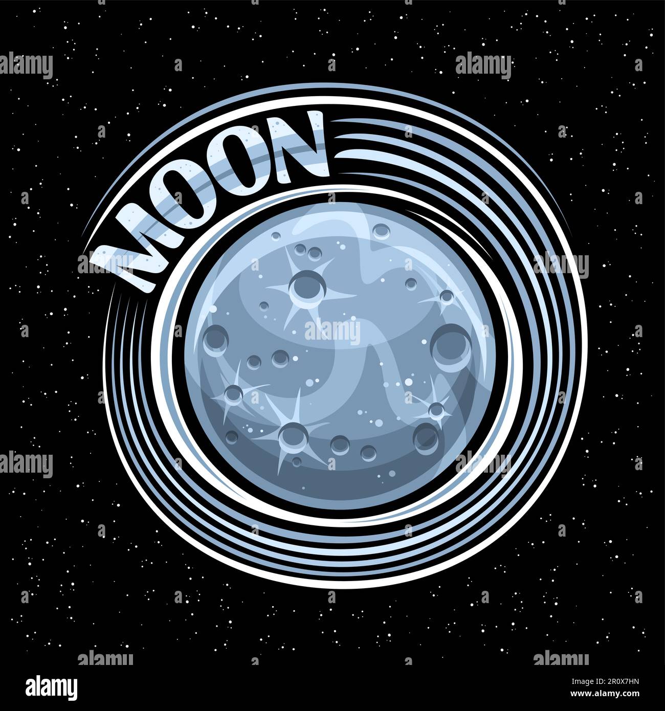 Vektorlogo für Moon, Fantasy cosmo-Aufdruck mit rotierendem Steinsatelliten, Planet Mond-Oberfläche mit Kratern und Bergen, dekoratives Schild mit einzigartigem le Stock Vektor