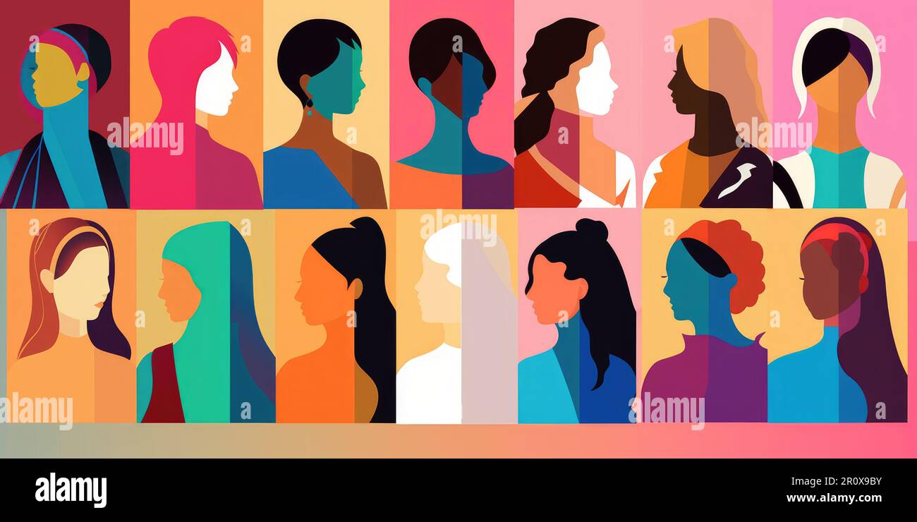 Flache 2D grafische Silhouetten von Frauen verschiedener Nationalitäten und Kulturen in farbenfrohen Bannern, Geschäftsfrauen, Papercut, Bannern Stockfoto