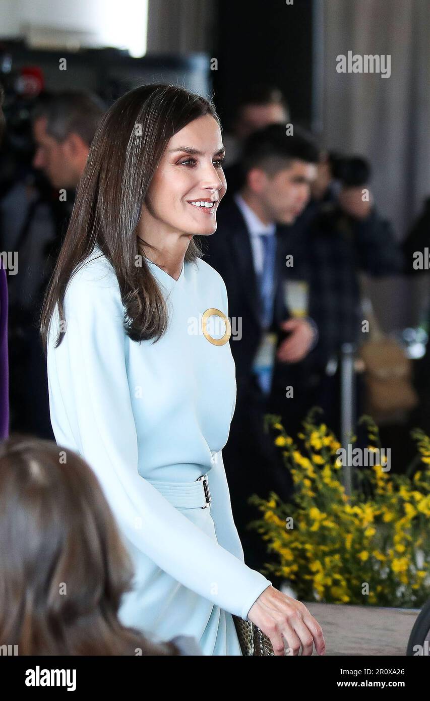 Zagreb, Kroatien. 10. Mai 2023. Königin von Spanien Ihre Majestät Leticia traf auf dem Gipfeltreffen der Ehepartner europäischer Führer zum Thema Prävention von Adipositas bei Kindern in Europa ein, das vom Büro des Präsidenten der Republik Kroatien und dem Europäischen Büro der Weltgesundheitsorganisation in Zagreb, Kroatien, gemeinsam organisiert wurde. Am 10. Mai 2023. Foto: Slavko Midzor/PIXSELL Credit: Pixsell/Alamy Live News Stockfoto