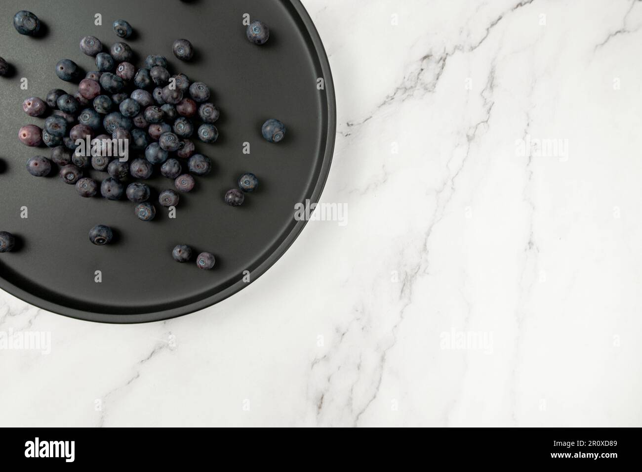 Draufsicht auf schwarzes Schild auf weißem Marmorhintergrund. Blaubeeren flach liegend, Kopierraum. Stockfoto