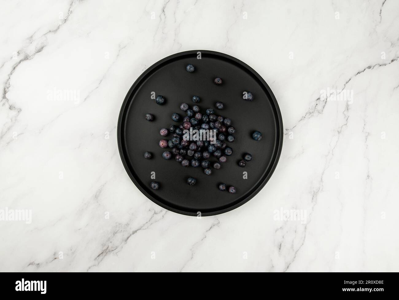 Draufsicht auf schwarzes Schild auf weißem Marmorhintergrund. Blaubeeren flach liegend, Kopierraum. Stockfoto