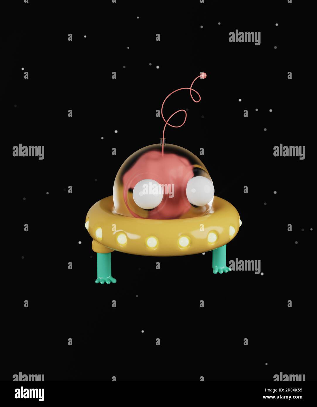 Cartoon-futuristisches ufo. 3D-Rendering, 3D-Abbildung. Stockfoto