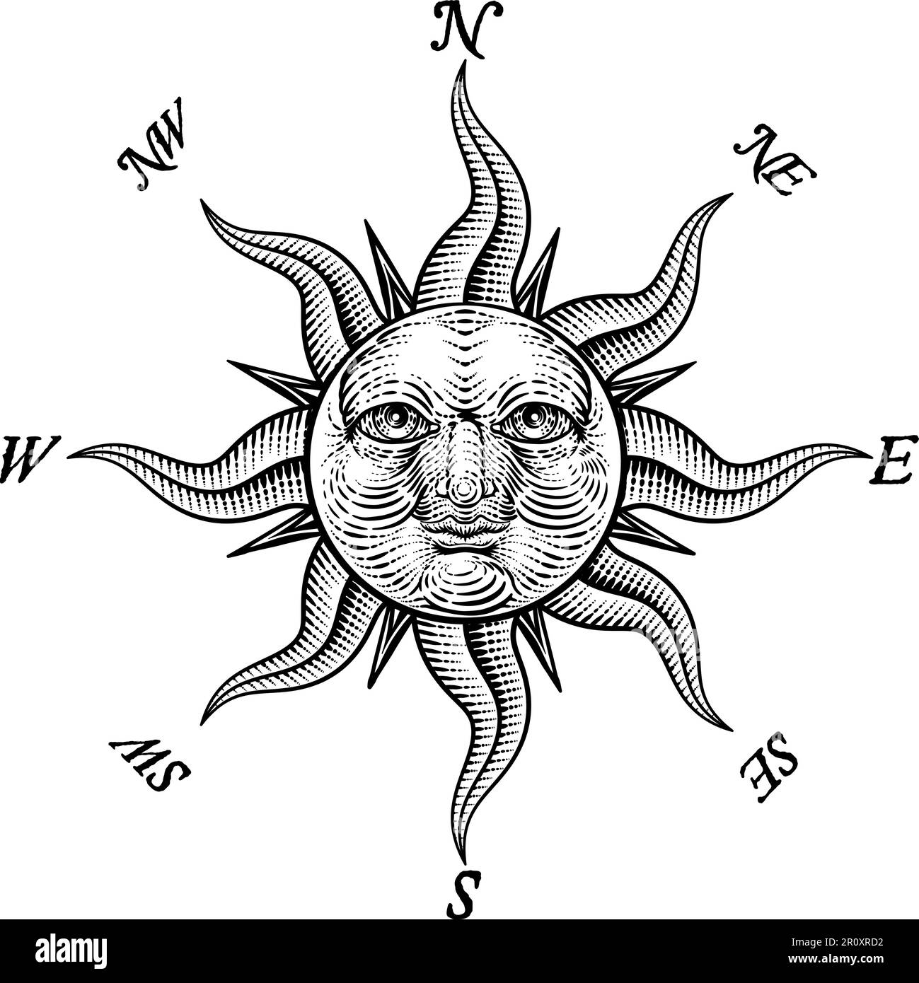 Kompass Sonne Gesicht Ätzrose Holzschnitt Zeichnung Stock Vektor